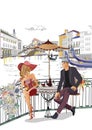 Set of Italy illustrations with fashion girls, cafes and musicians.